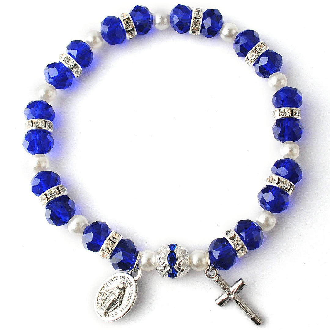 Bracelet extensible en perles de cristal avec crucifix et médaille miraculeuse, créé par Christianartworkshop. - Bleu royal - image 6