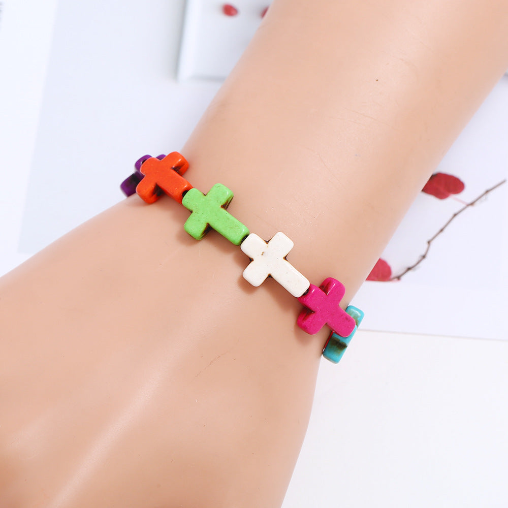 Bracelet bohème en perles turquoise et croix, Christianartworkshop - Multicolore - image 0