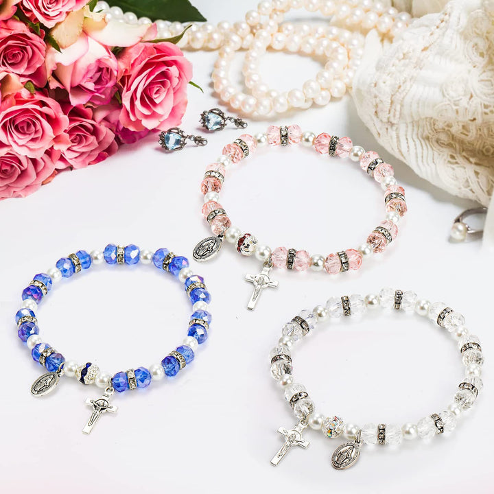Bracelet extensible en perles de cristal avec crucifix et médaille miraculeuse - image 8