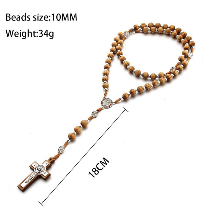 Chapelet artisanal en bois naturel avec croix de saint Benoît - image 3
