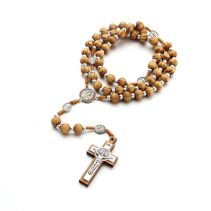 Chapelet artisanal en bois naturel avec croix de saint Benoît - image 2