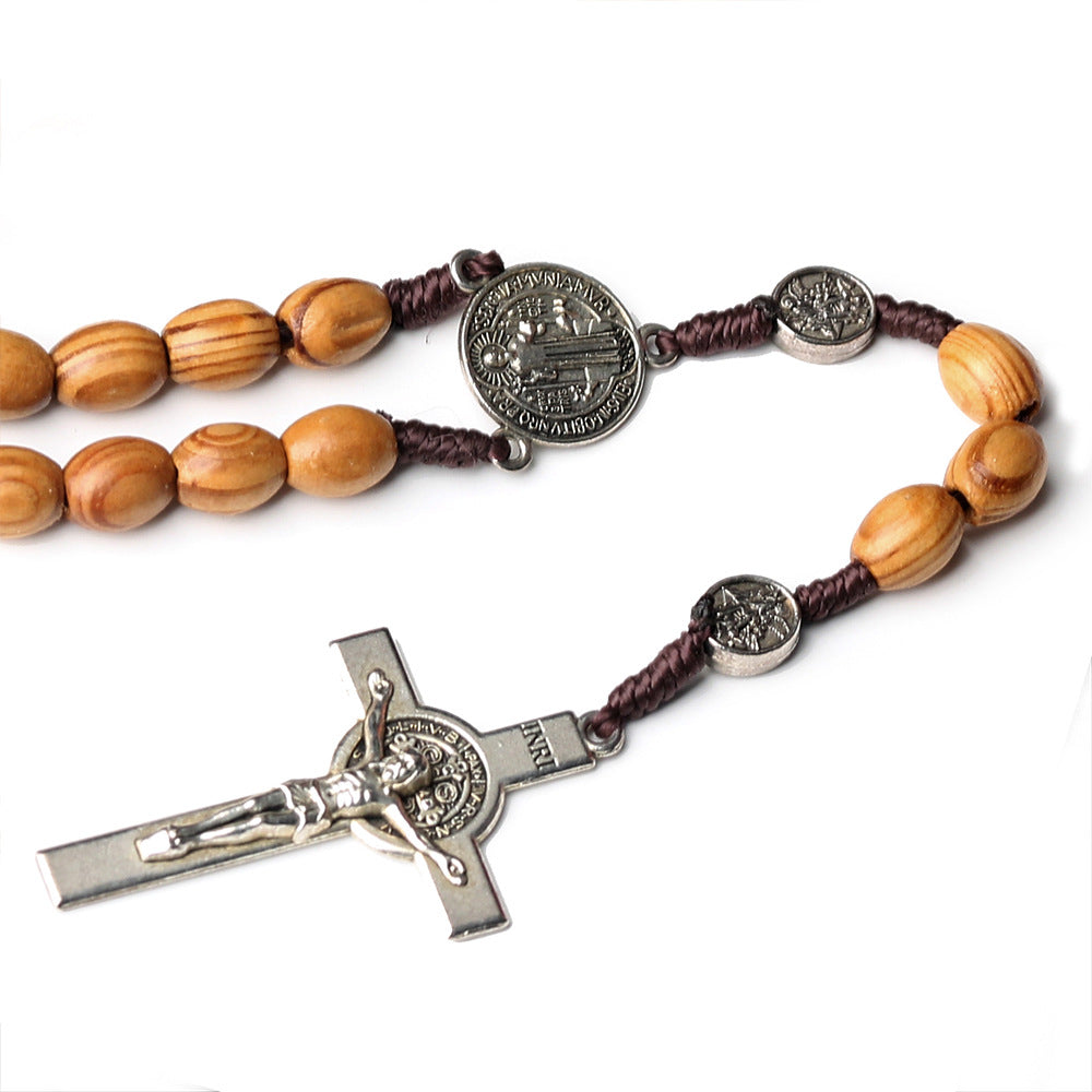 Chapelet de Saint Benoît en bois d'olivier naturel avec crucifix - image 1