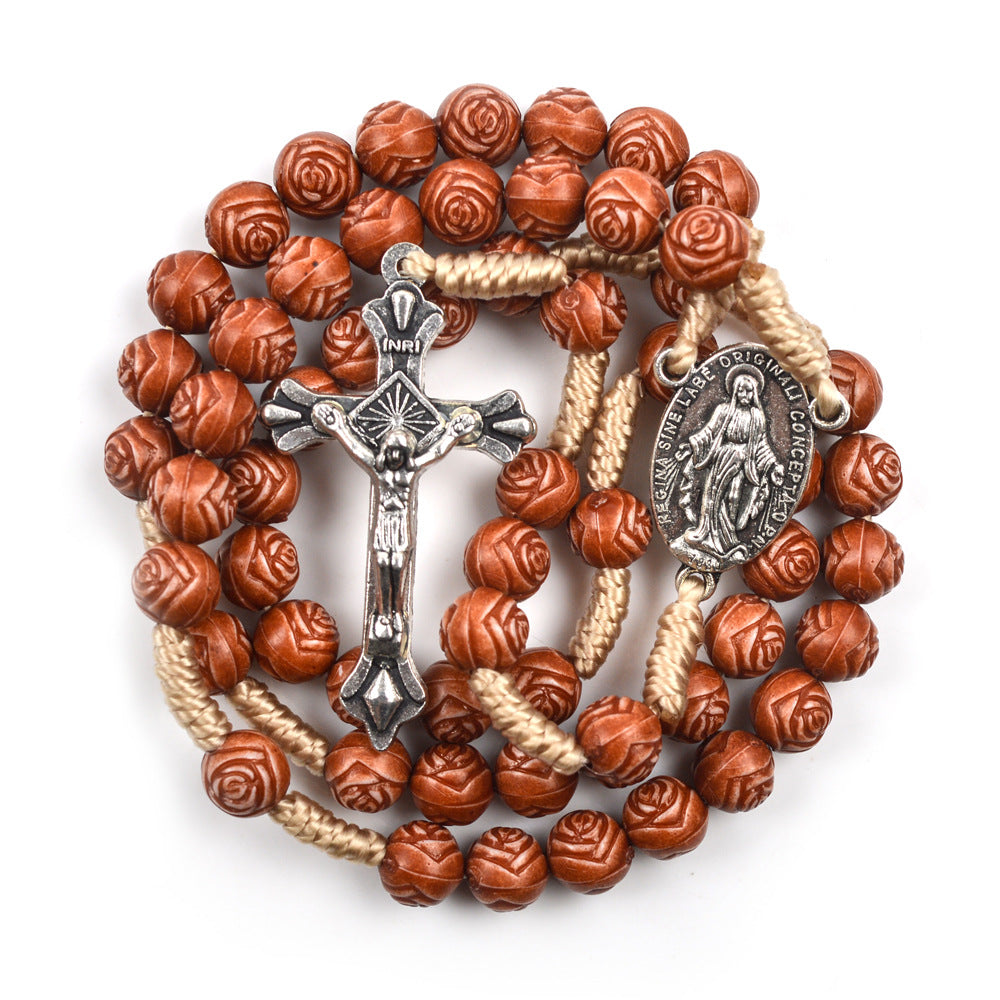 Christianartworkshop Chapelet en bois en forme de rose, fait main : médaille miraculeuse et crucifix - image 3