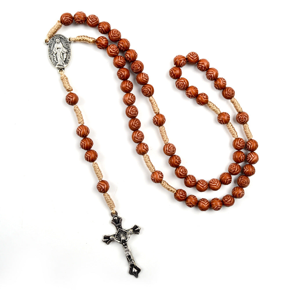 Christianartworkshop Chapelet en bois en forme de rose, fait main : médaille miraculeuse et crucifix - image 1