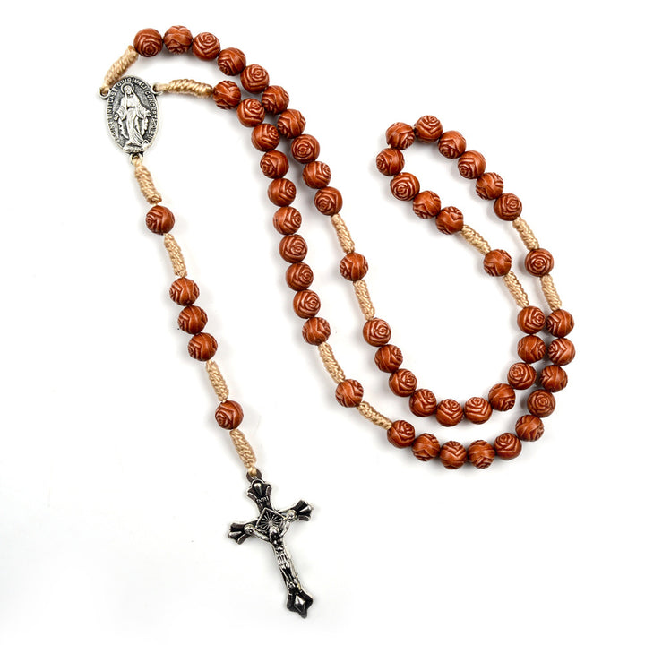 Christianartworkshop Chapelet en bois en forme de rose, fait main : médaille miraculeuse et crucifix - image 1
