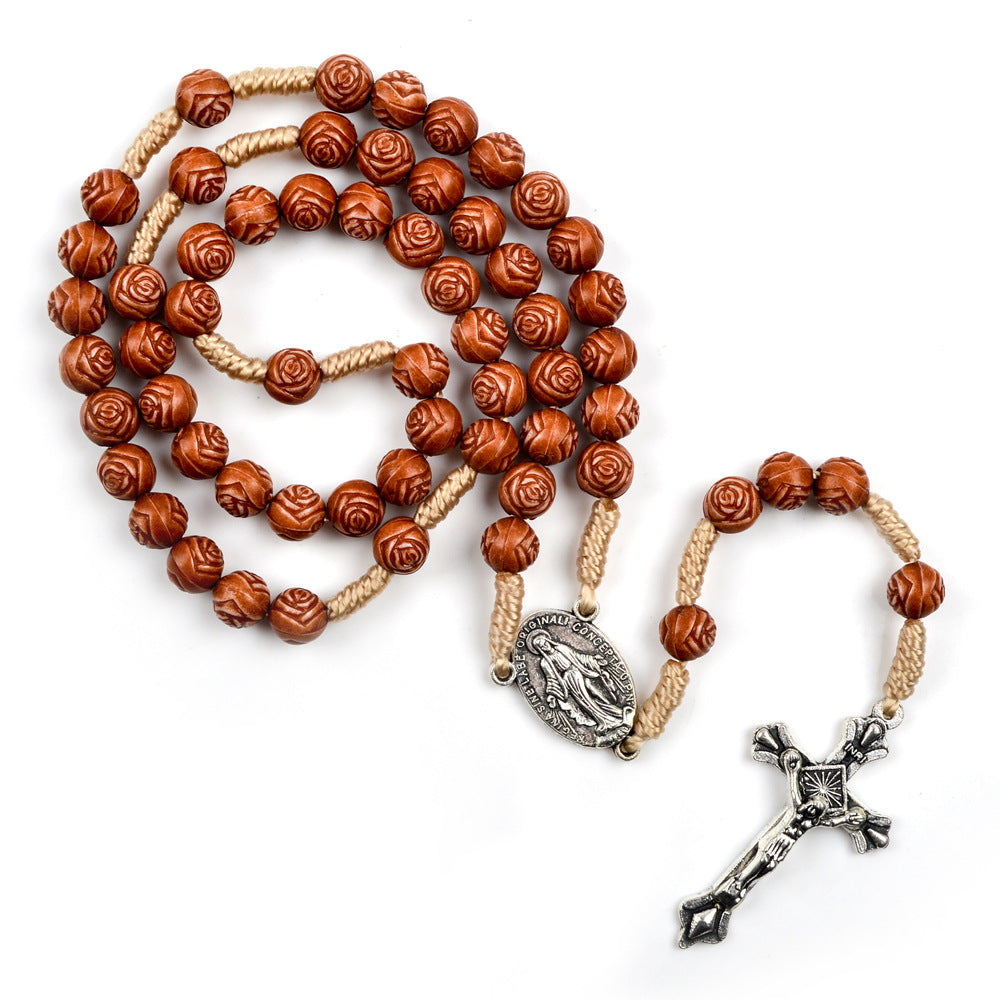 Christianartworkshop Chapelet en bois en forme de rose, fait main : médaille miraculeuse et crucifix - En forme de rose - image 0