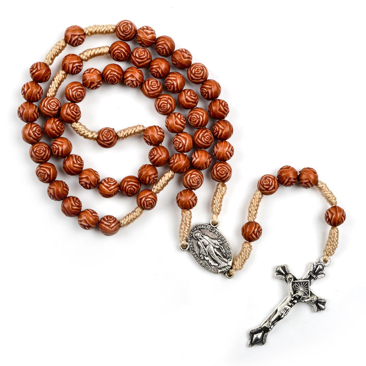 Christianartworkshop Chapelet en bois en forme de rose, fait main : médaille miraculeuse et crucifix - En forme de rose - image 0