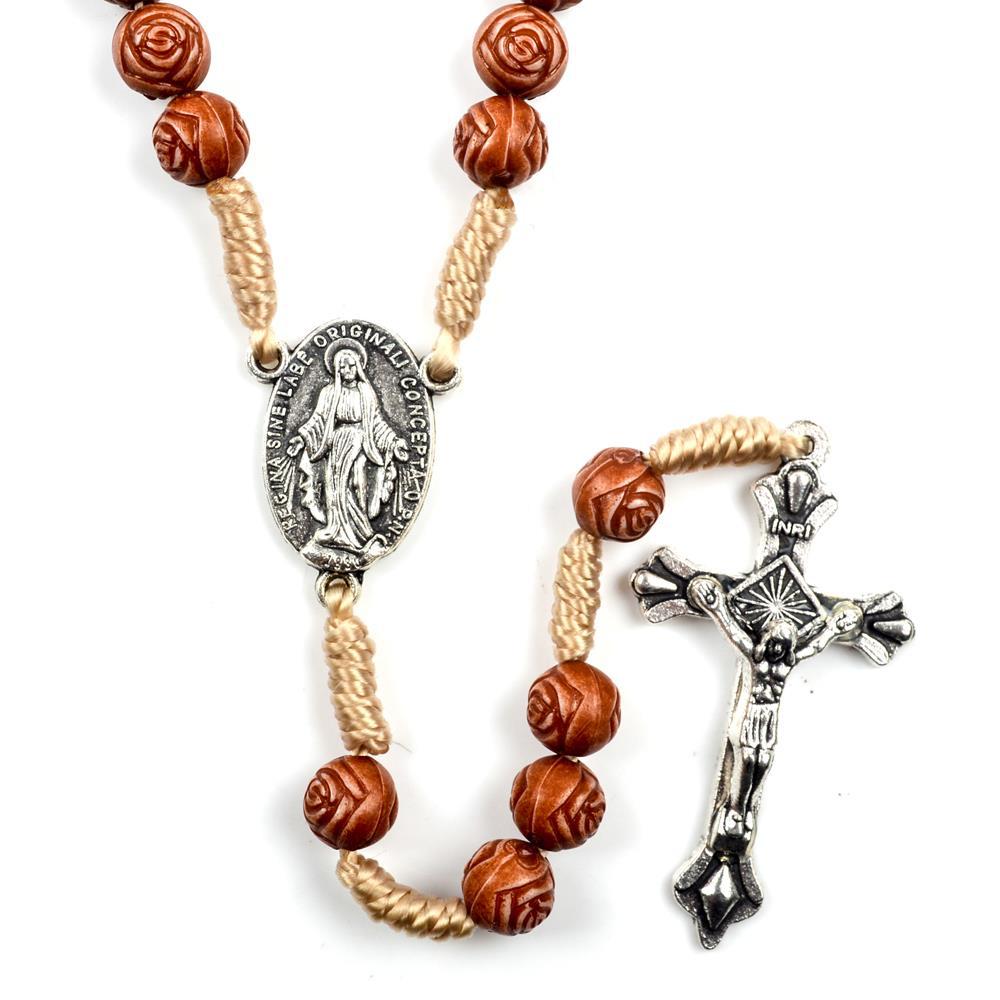 Christianartworkshop Chapelet en bois en forme de rose, fait main : médaille miraculeuse et crucifix - image 2