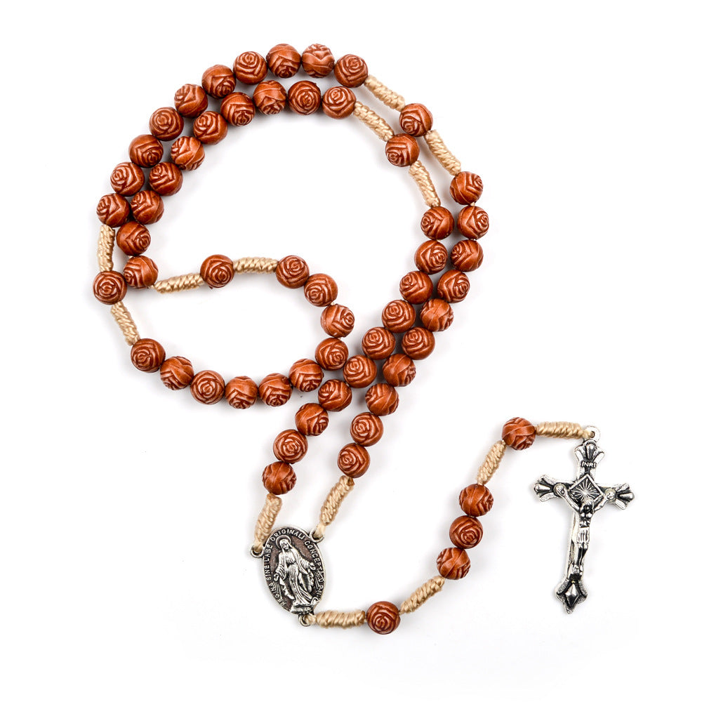 Christianartworkshop Chapelet en bois en forme de rose, fait main : médaille miraculeuse et crucifix - image 4