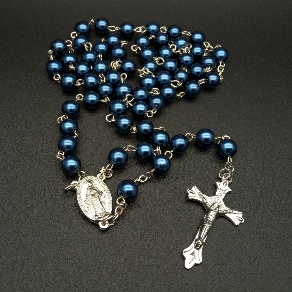 Chapelet de perles bleu roi avec médaille de la Vierge Marie et crucifix - Bleu royal - image 0