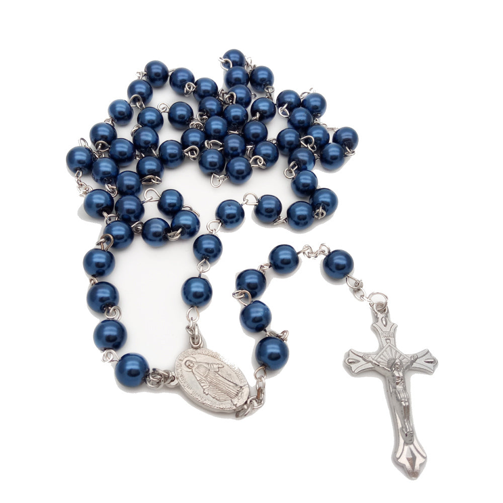 Chapelet de perles bleu roi avec médaille de la Vierge Marie et crucifix - image 1
