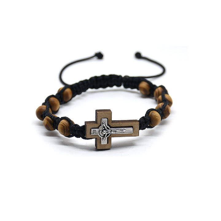 Bracelet chapelet tressé en perles de pin et crucifix, réalisé par Christianartworkshop. - Croix - image 0
