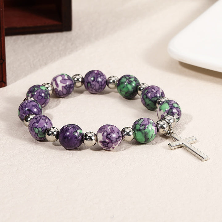 Bracelet de prière crucifix en perles et pierres violettes, réalisé par Christianartworkshop - Violet - image 0