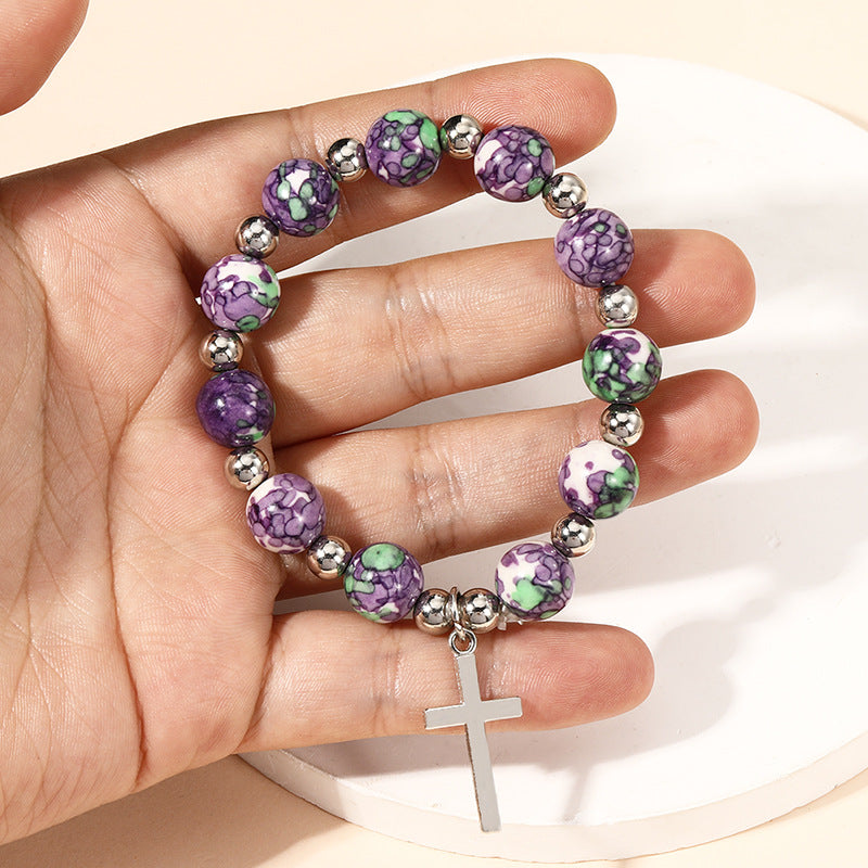 Bracelet de prière crucifix en perles et pierres violettes, réalisé par Christianartworkshop - image 3