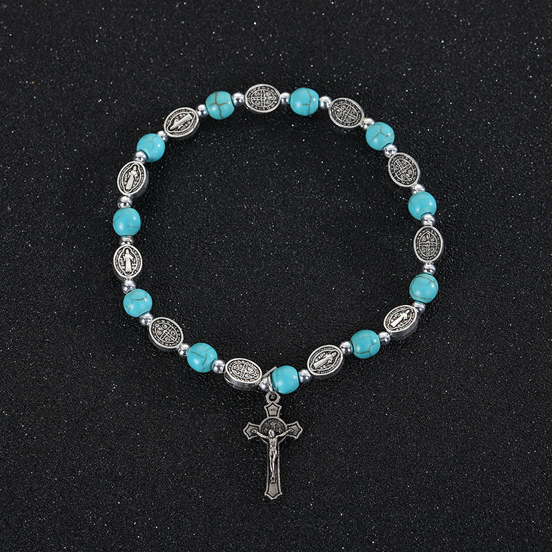 Bracelet croix Saint-Benoît en agate et turquoise de Christianartworkshop - Turquoise - image 3
