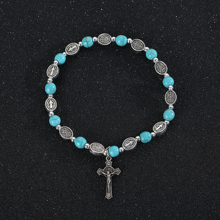 Bracelet croix Saint-Benoît en agate et turquoise de Christianartworkshop - Turquoise - image 3