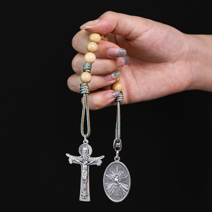 Médaille de Marie et Joseph avec l'Enfant Jésus et chapelet de poche en bois d'olivier avec croix de la Sainte Trinité - image 3