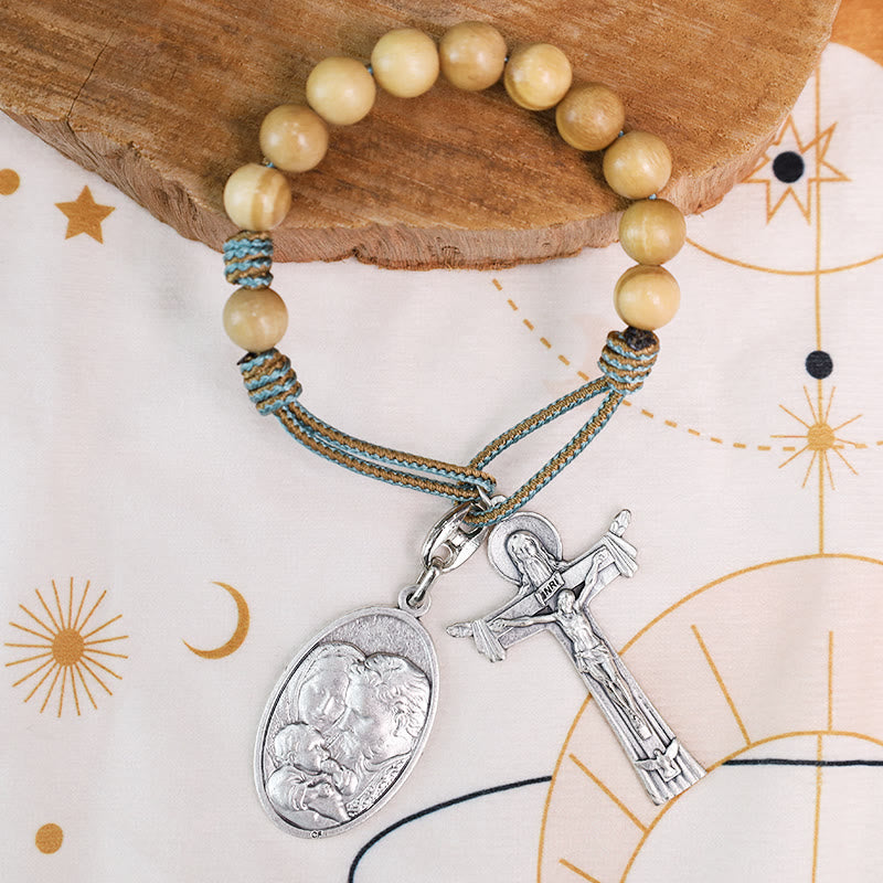 Médaille de Marie et Joseph avec l'Enfant Jésus et chapelet de poche en bois d'olivier avec croix de la Sainte Trinité - image 4
