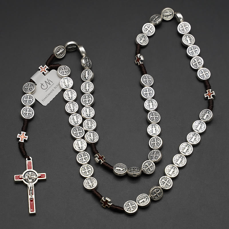 Christianartworkshop Chapelet de dix feuilles de corde de Saint Benoît pour l'exorcisme/la prière (4 couleurs) - Crucifix rouge - image 0