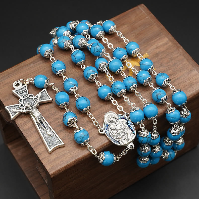 Christianartworkshop Chapelet bleu turquoise avec médaille de Marie et de l'Enfant Jésus - Turquoise bleue - image 0