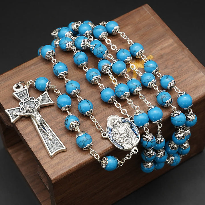 Christianartworkshop Chapelet bleu turquoise avec médaille de Marie et de l'Enfant Jésus - Turquoise bleue - image 0
