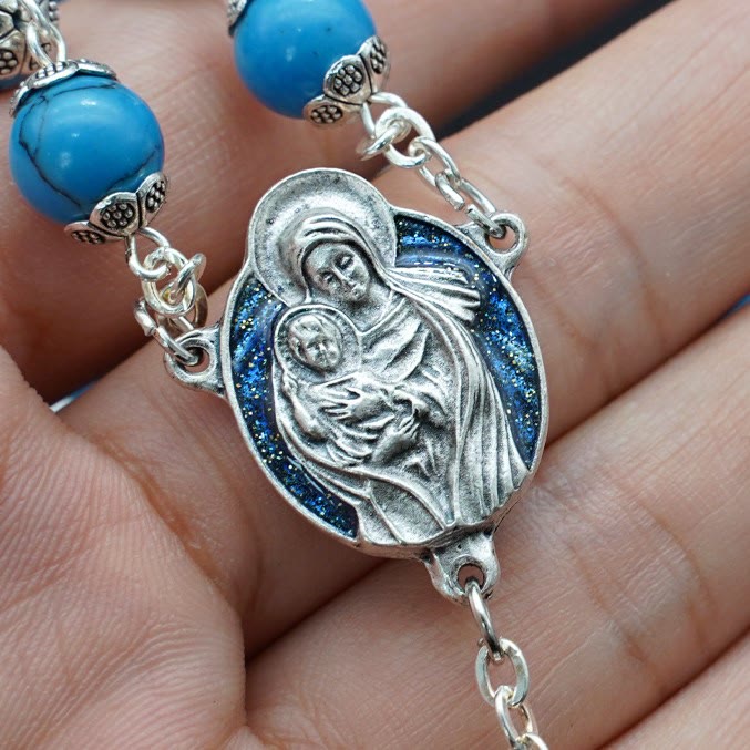 Christianartworkshop Chapelet bleu turquoise avec médaille de Marie et de l'Enfant Jésus - image 1
