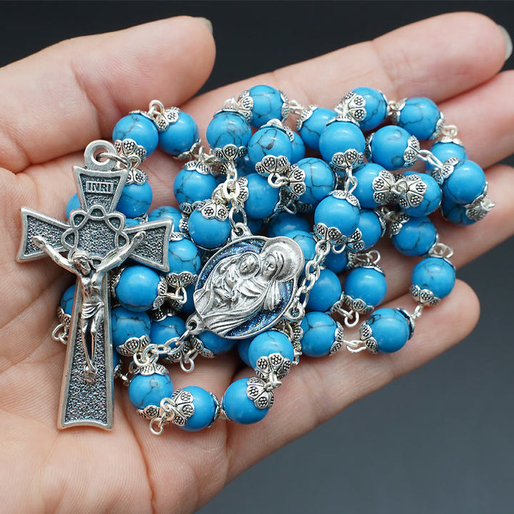 Christianartworkshop Chapelet bleu turquoise avec médaille de Marie et de l'Enfant Jésus - image 4