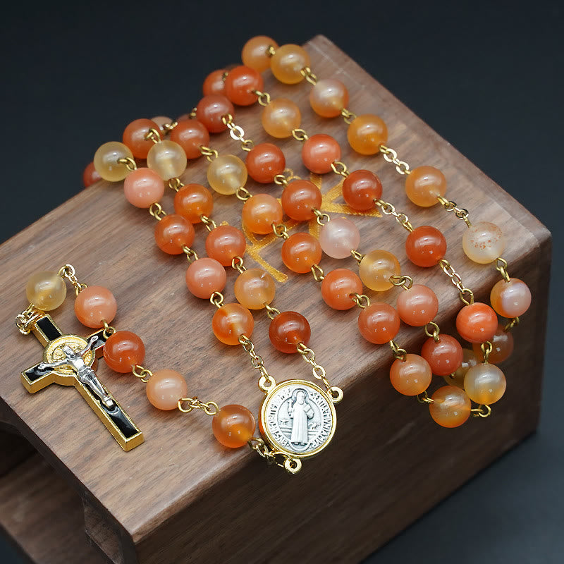 Christianartworkshop Chapelet en agate naturelle avec saint Benoît et crucifix - Rouge orangé - image 0