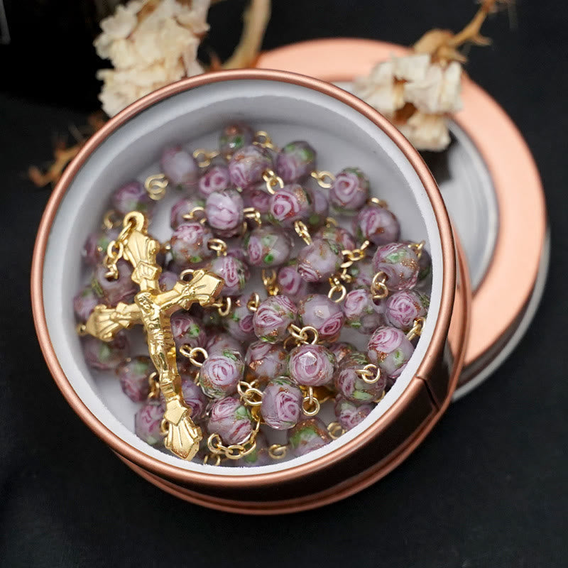 Christianartworkshop Chapelet en perles émaillées de rose avec Marie et crucifix - Gris - image 4