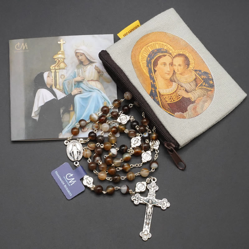 Christianartworkshop Chapelet de prière en agate de la Vierge Marie avec crucifix 5 en 1 - Brun - image 3