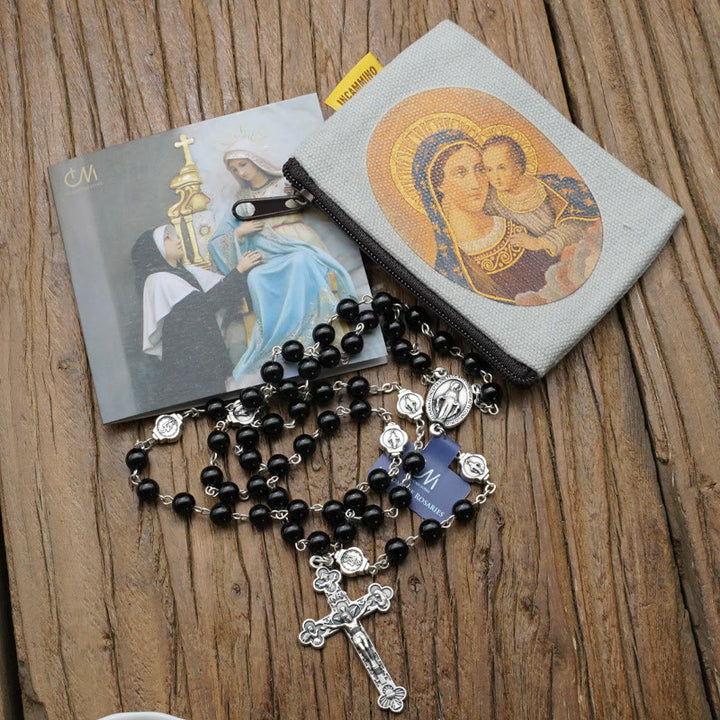 Christianartworkshop Chapelet de prière en agate de la Vierge Marie avec crucifix 5 en 1 - Noir - image 0