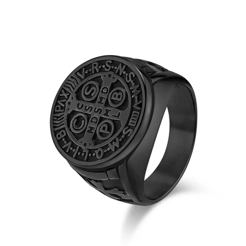 Bague en titane Saint Benoît le Protecteur, atelier d'art chrétien - US 13 - Noir - image 9