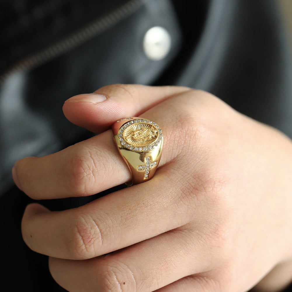 Bague Vierge Marie en acier inoxydable avec croix, bijoux religieux catholiques, Christianartworkshop - image 1