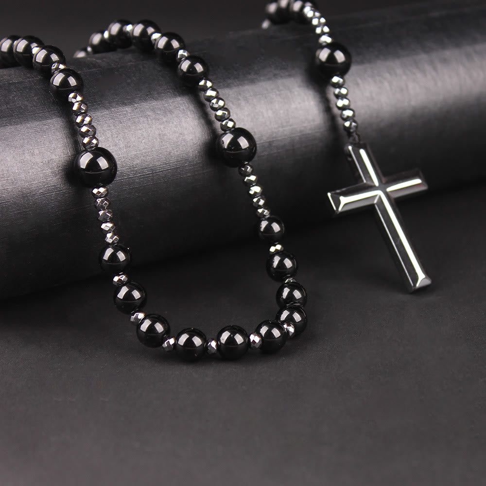 Croix en agate/œil de tigre de Christianartworkshop Chapelet catholique - Agate noire - image 0
