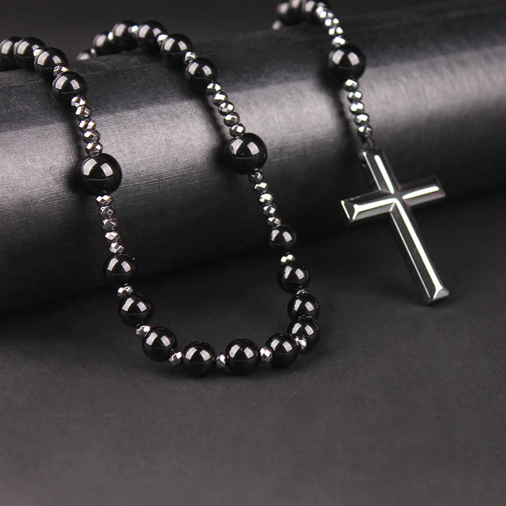 Croix en agate/œil de tigre de Christianartworkshop Chapelet catholique - Agate noire - image 0