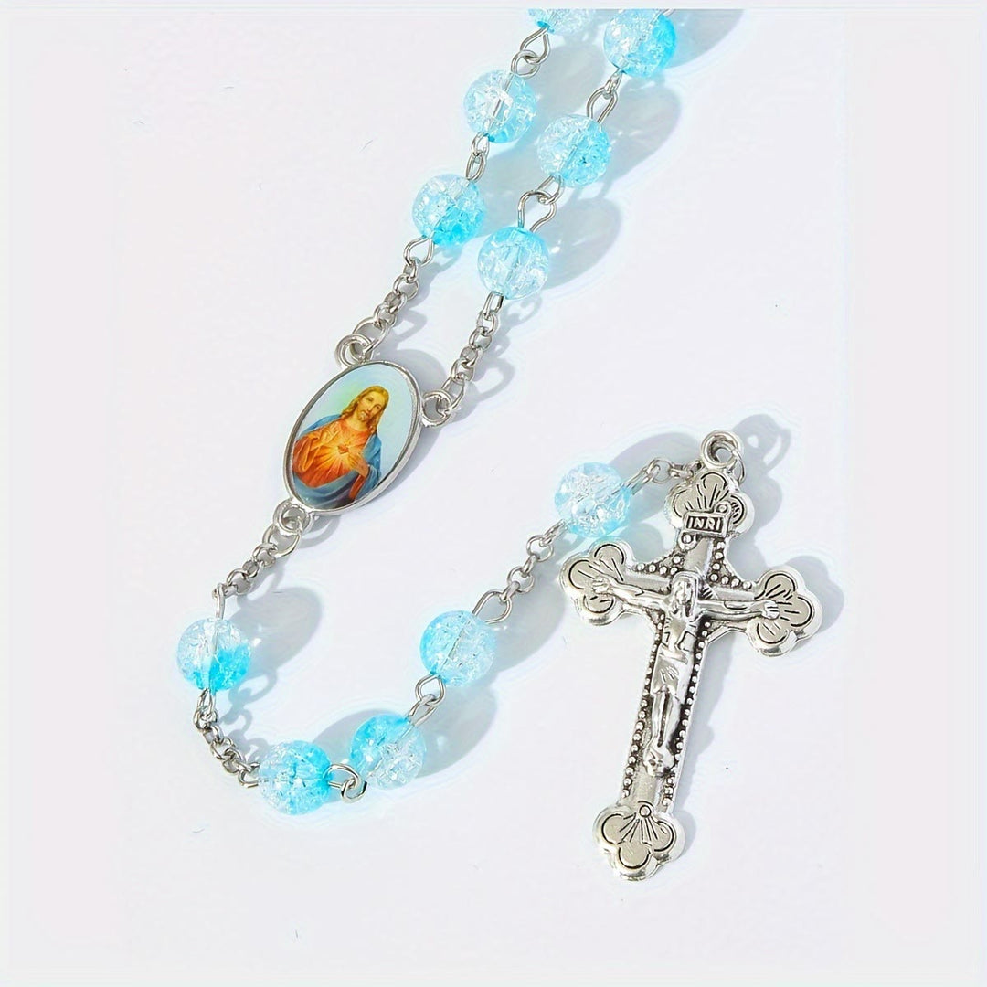 Chapelet en perles de verre bleu céleste avec cœur de Jésus et crucifix - image 1