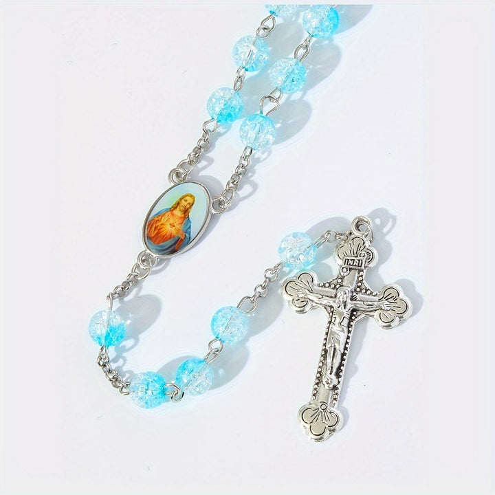 Chapelet en perles de verre bleu céleste avec cœur de Jésus et crucifix - image 1
