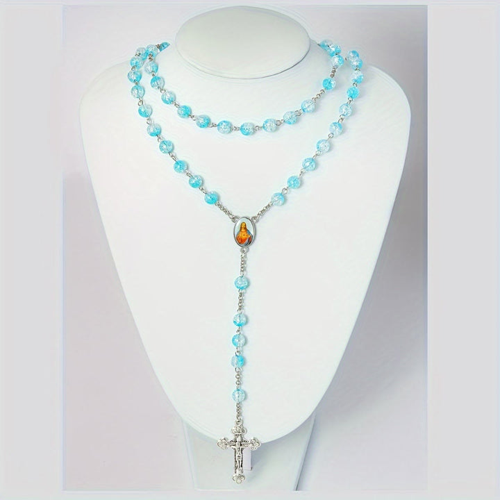 Chapelet en perles de verre bleu céleste avec cœur de Jésus et crucifix - image 3