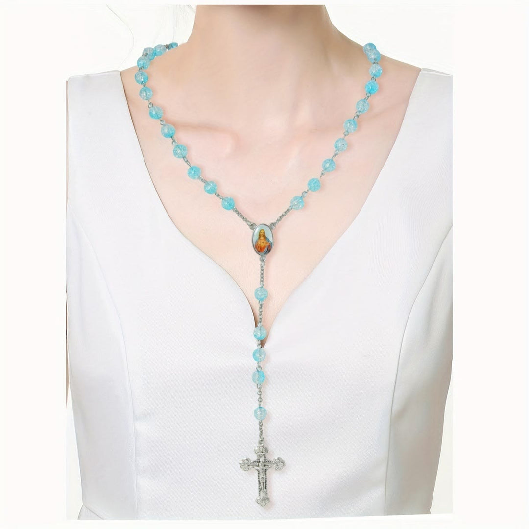 Chapelet en perles de verre bleu céleste avec cœur de Jésus et crucifix - image 2