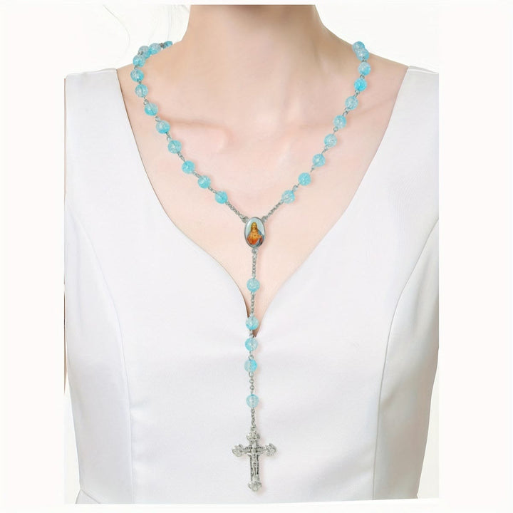 Chapelet en perles de verre bleu céleste avec cœur de Jésus et crucifix - image 2