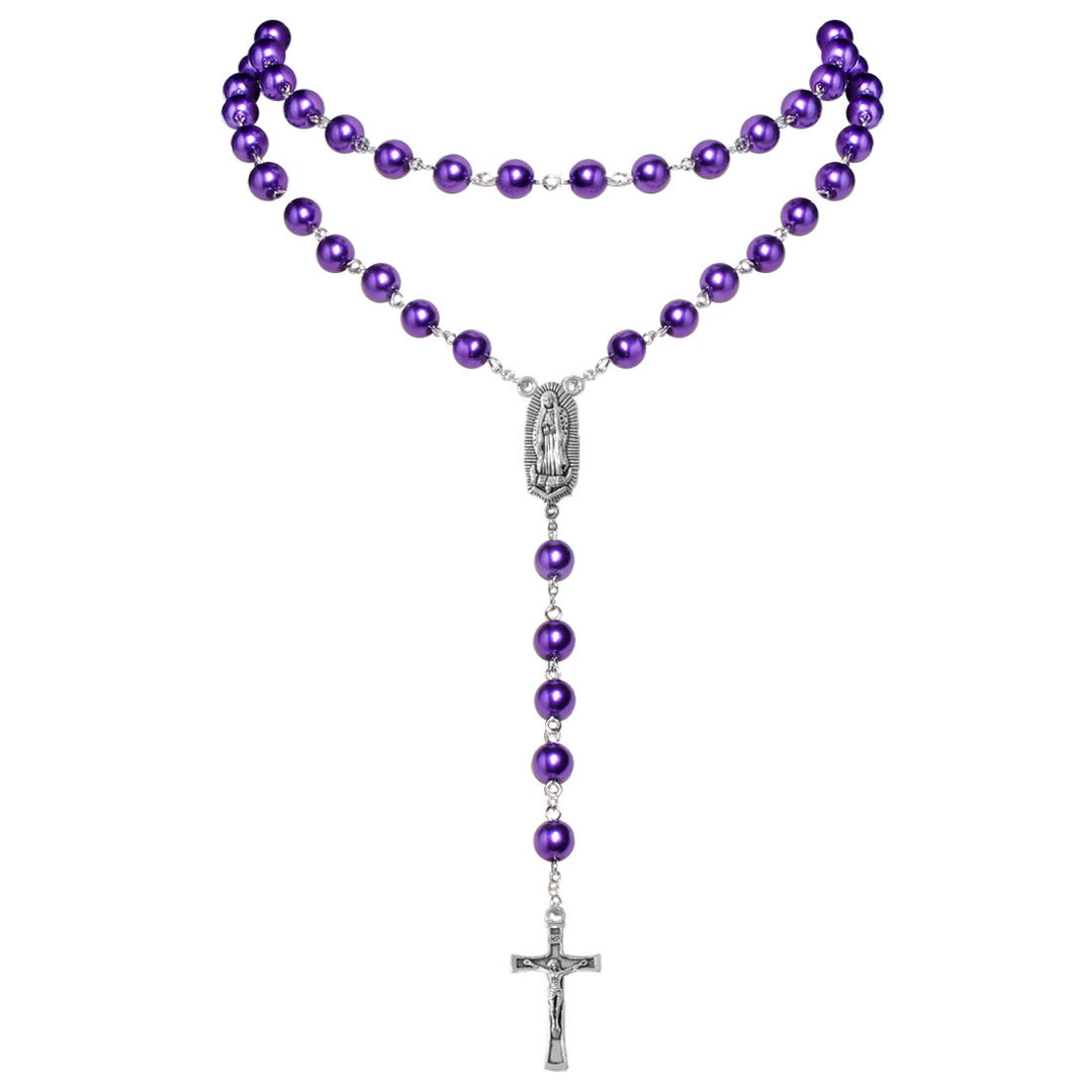 Collier de perles avec pendentif médaille de la Vierge Marie et crucifix (4 couleurs au choix) - Violet - image 6
