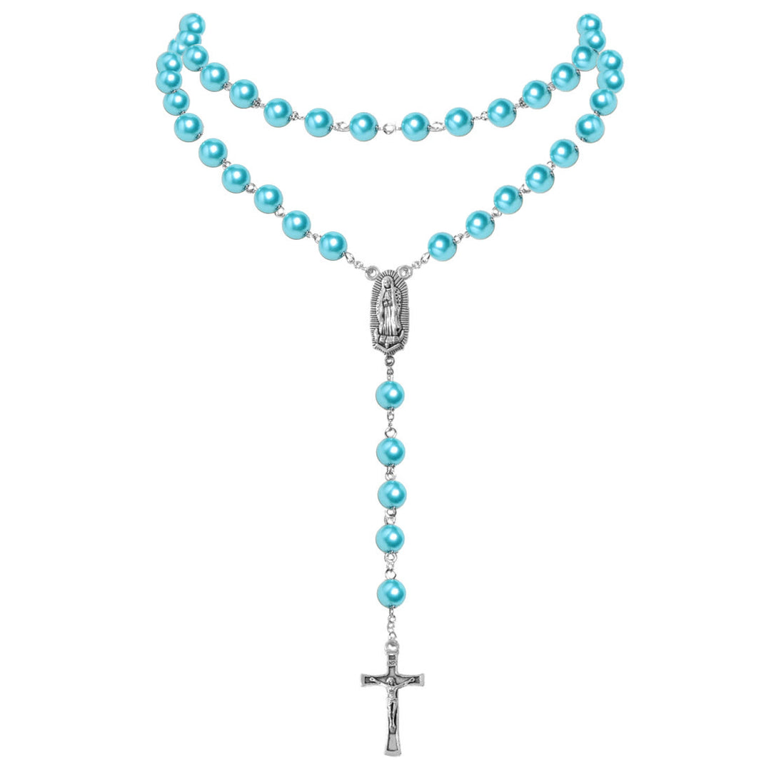 Collier de perles avec pendentif médaille de la Vierge Marie et crucifix (4 couleurs au choix) - image 5