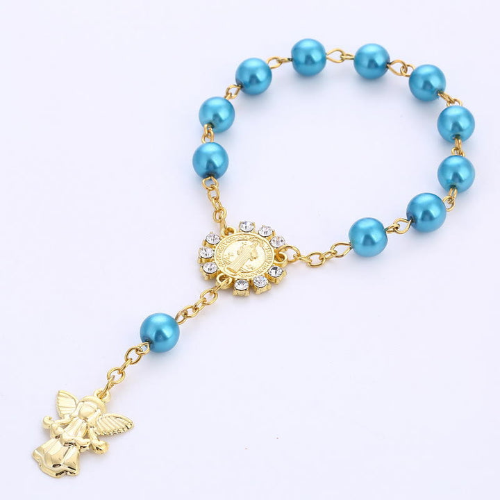 Bracelet chapelet Jésus avec breloque ange doré de 8 mm - Bleu - image 4