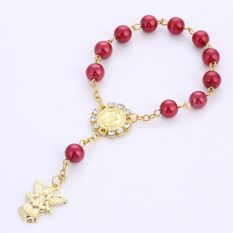 Bracelet chapelet Jésus avec breloque ange doré de 8 mm - Rouge - image 0