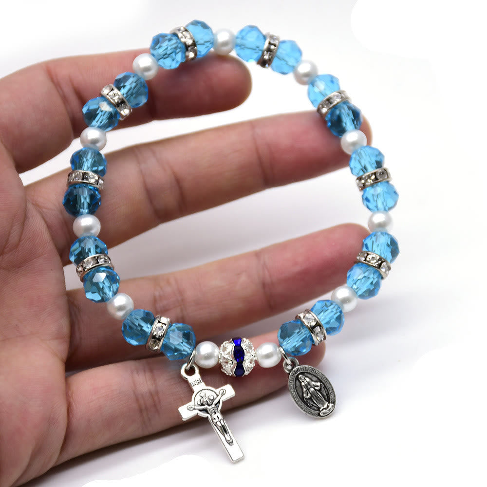 Bracelet extensible en perles de cristal avec crucifix et médaille miraculeuse - image 7