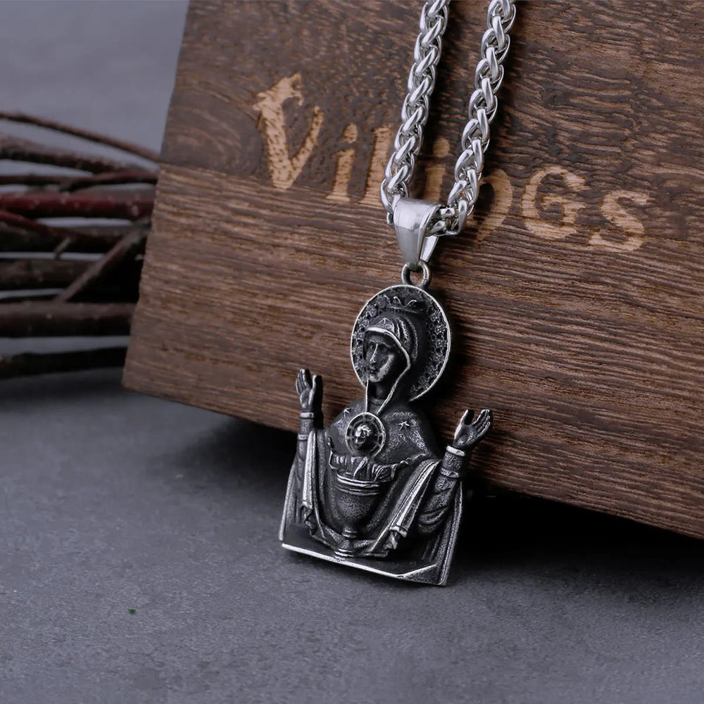 Christianartworkshop Collier pendentif Vierge Marie en acier inoxydable, médaillon catholique, chaîne de protection - image 1
