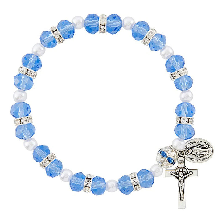 Bracelet extensible en perles de cristal avec crucifix et médaille miraculeuse - Bleu - image 0