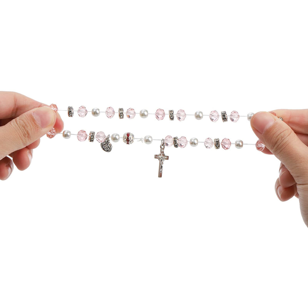 Bracelet extensible en perles de cristal avec crucifix et médaille miraculeuse - image 3