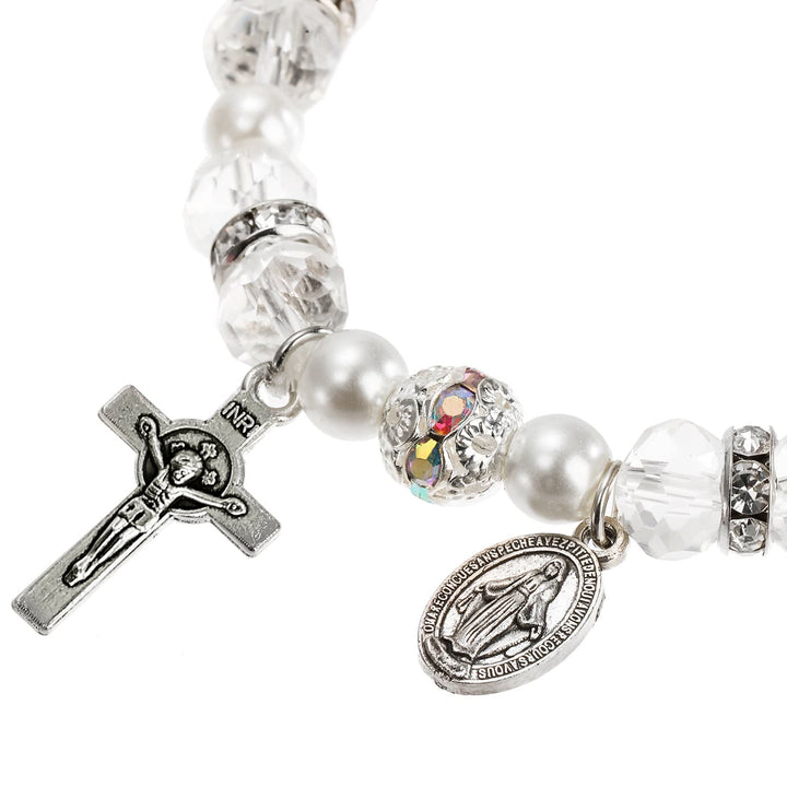 Bracelet extensible en perles de cristal avec crucifix et médaille miraculeuse - image 4