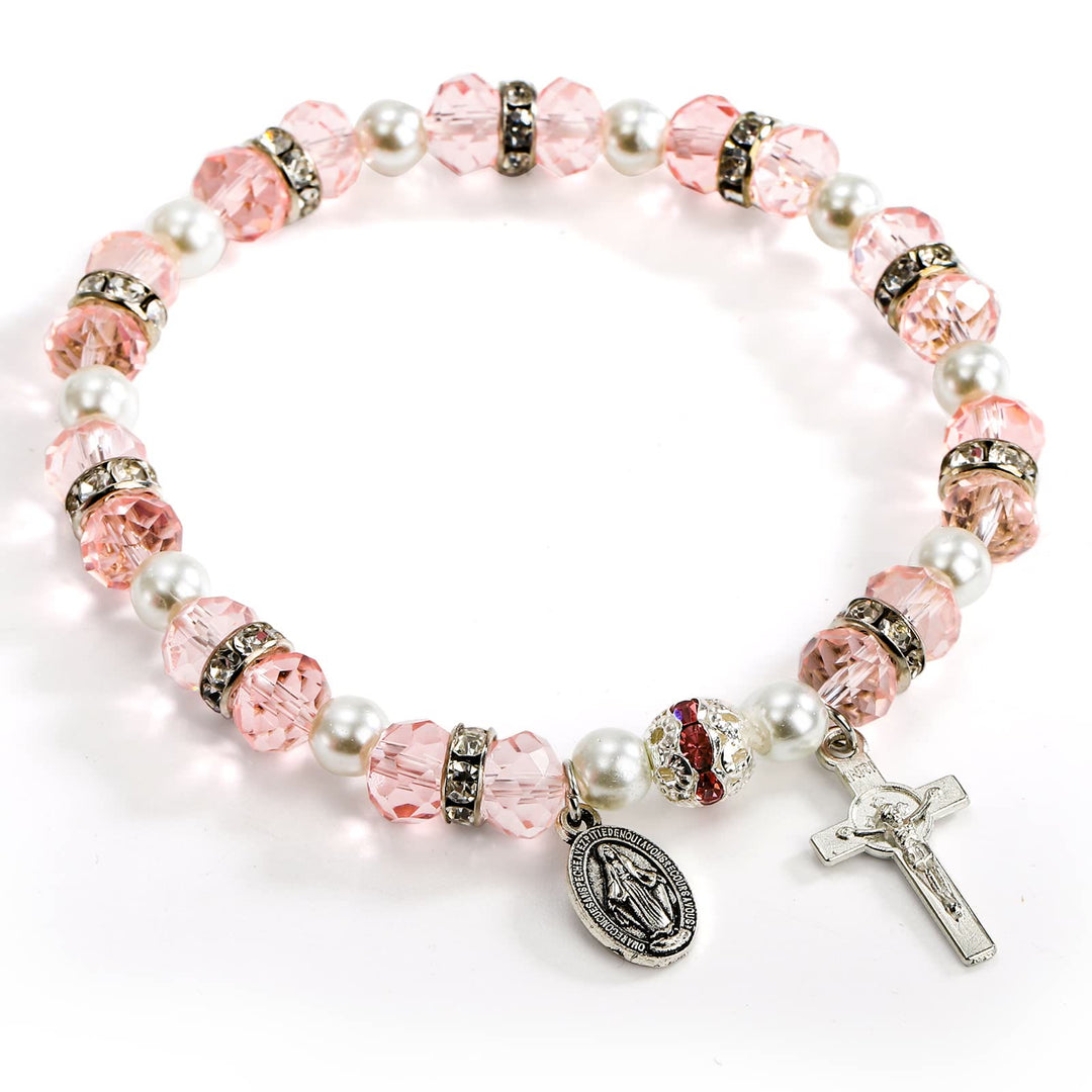 Bracelet extensible en perles de cristal avec crucifix et médaille miraculeuse - Rose - image 9